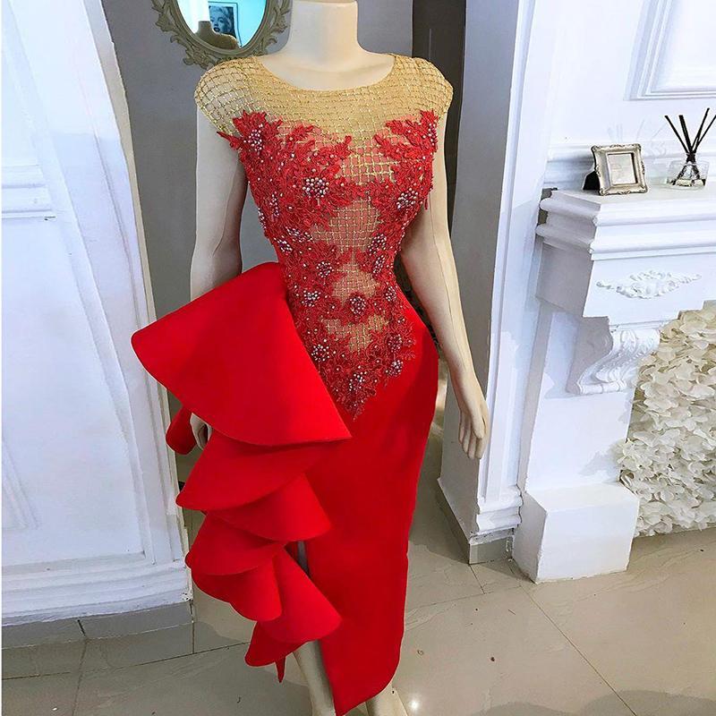 red evening dresses long lace applique mermaid modest beaded elegant sexy cheap evening gowns S1777