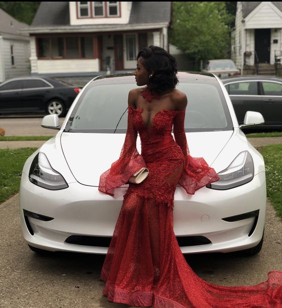 Red mermaid prom dress unique evening party dress S1307