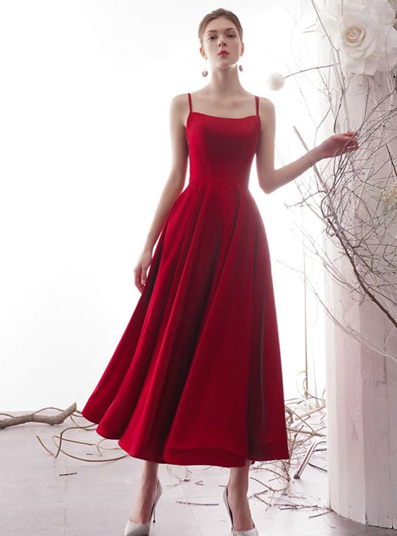 A-Line Simple Red Satin Spaghetti Straps Tea Length Prom Dress S663