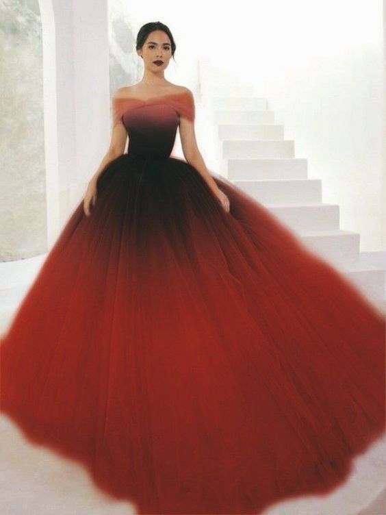 Burgundy Tulle Long Ombre Prom Dress, Burgundy Evening Dress S1896