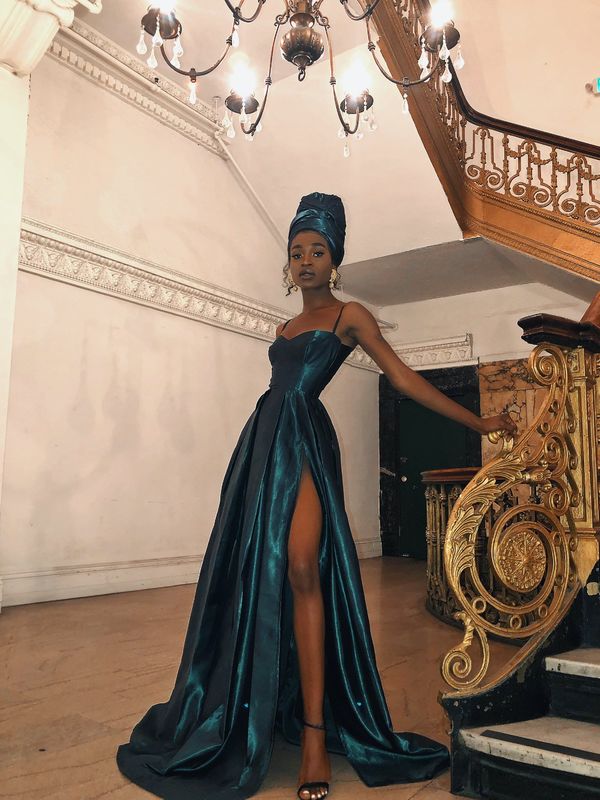 dark green sleeveless sweetheart spaghetti-straps split evening dress S1552