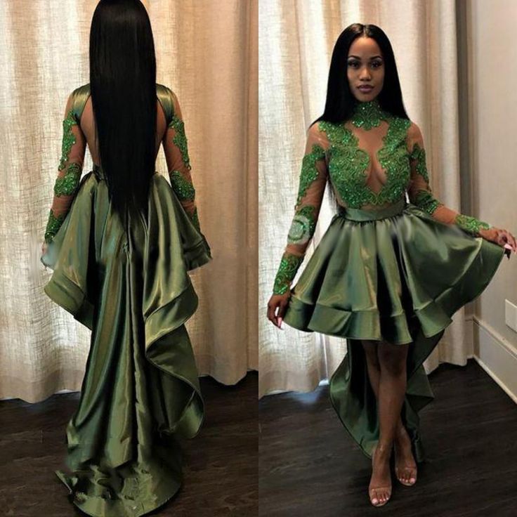 New Arrival A Line Green Backless Long Sleeves High Low Short See Through Prom Dress With Appliques S935