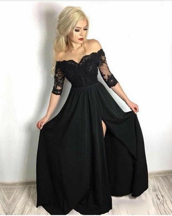 A-Line black evening dress long prom dress S896