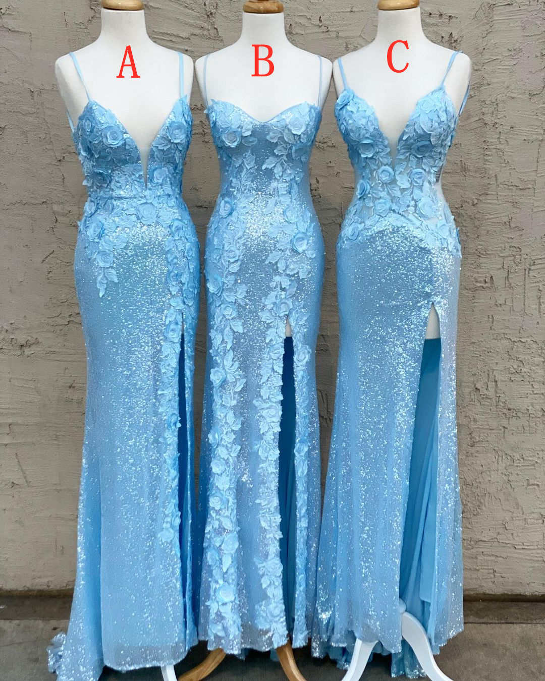Glitter Sky Blue Sequins Long Prom Dress with Flower Appliques S1046