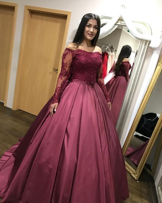 Satin Ball Gown Long Sleeves Prom Dress With Bow S2210