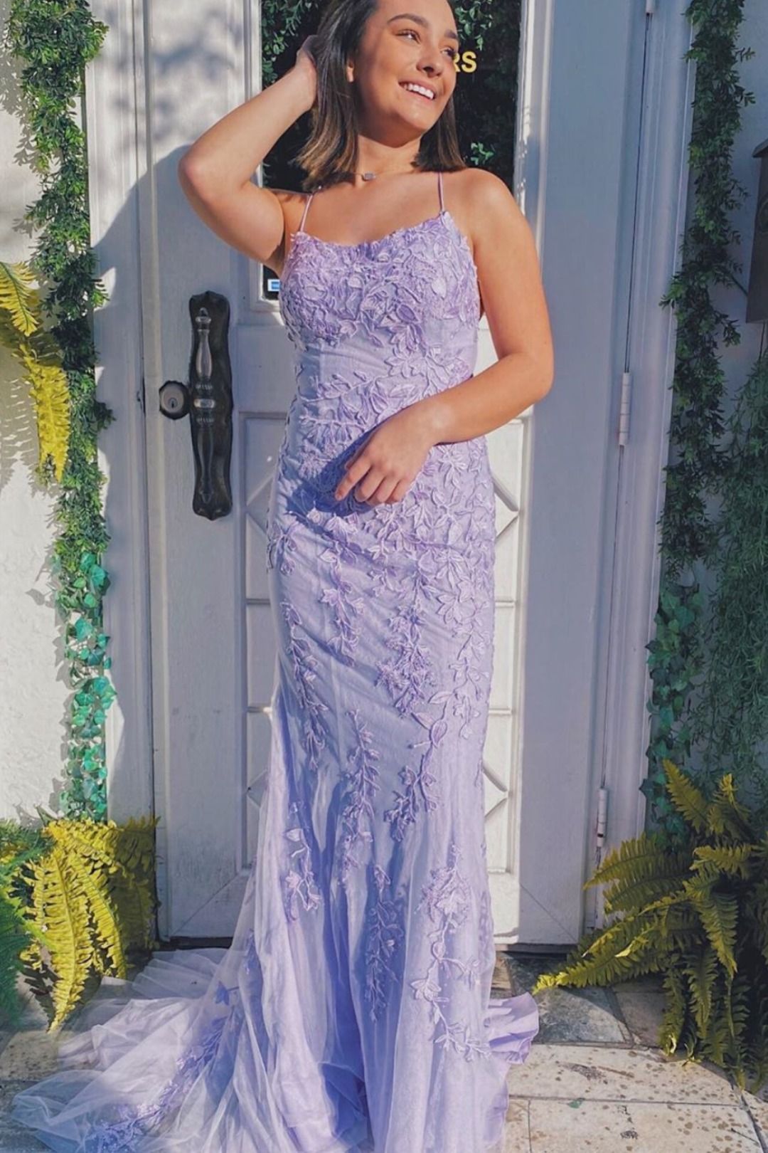 Mermaid Backless Purple Lace Long Prom Dresses, Mermaid Purple Formal Dresses,Purple Lace Evening Dresses S1788