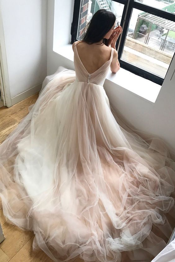 Simple Informal Wedding Dress,V-back Boho Wedding Dress,Blush Wedding Dress S2114