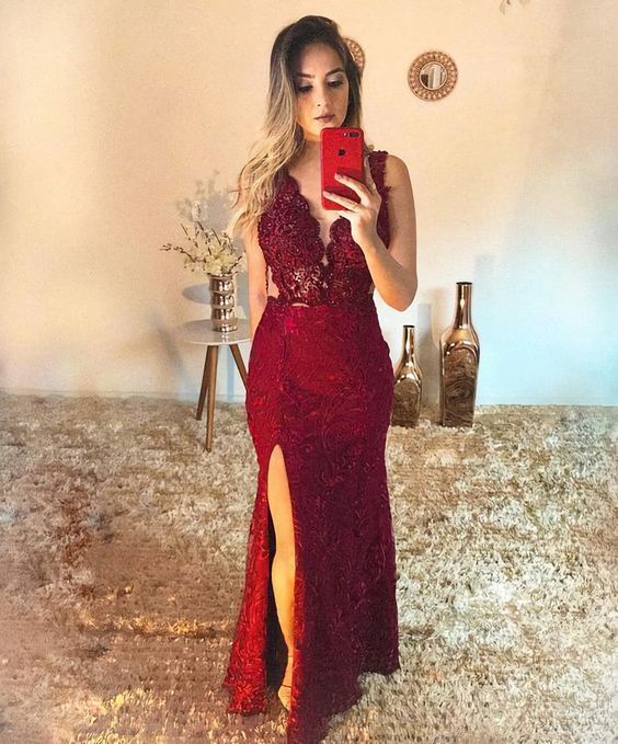 Long Evening Dress Burgundy Prom Dresses With Slit S1753