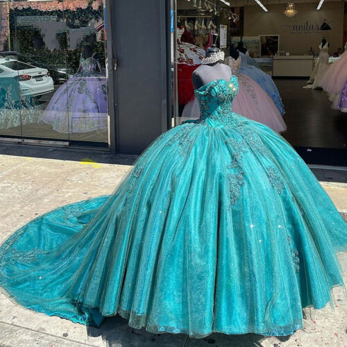 Green Sweet 16 Quinceanera Dresses Beaded Appliques Off Shoulder Party Ball Gown S1671