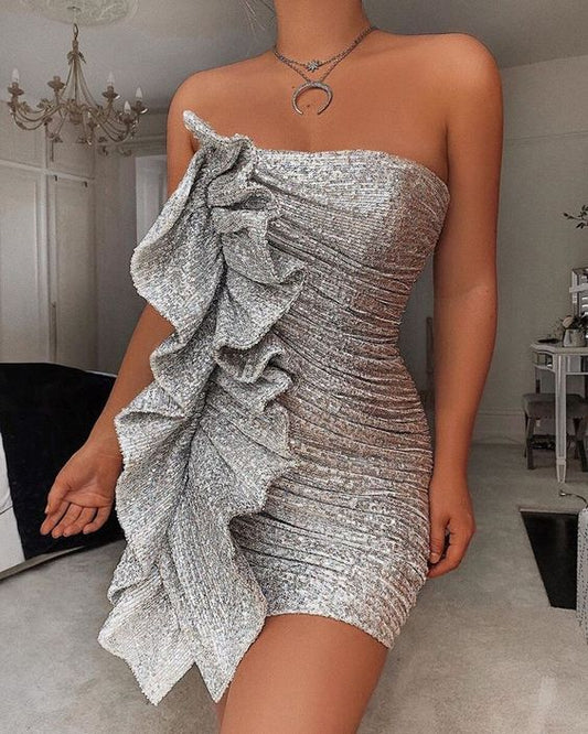 Summer New Arrival Sexy Strapless Ruffles Short Style Sequined Prom Dress     S792