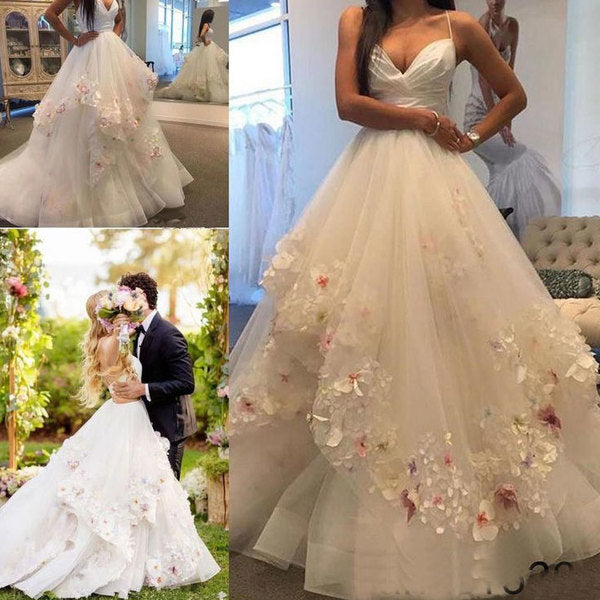 Spaghetti Straps Wedding Dresses Bridal Gown with Colorful Appliques S2115