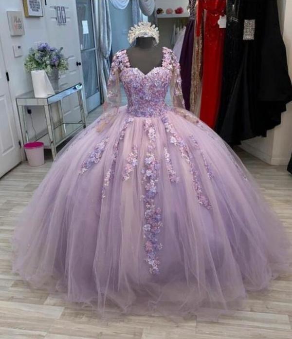 Vintage Ball Gown Lavender Lace Tulle Prom Dresses S2240