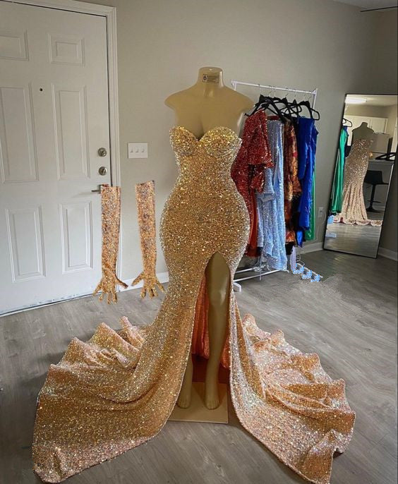 Mermaid Sleeveless Gold Sequined Prom Dress S1578
