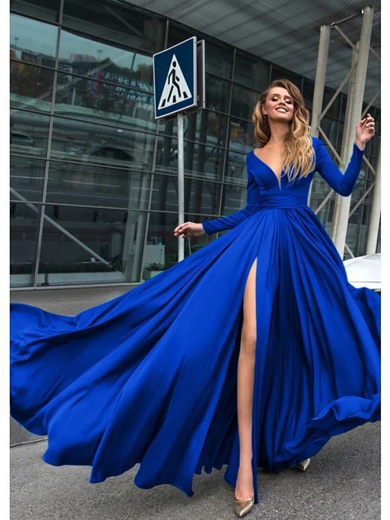 Sexy Holiday Prom Formal Evening Dress V Neck V Back Long Sleeve Floor Length Chiffon with Slit S1189
