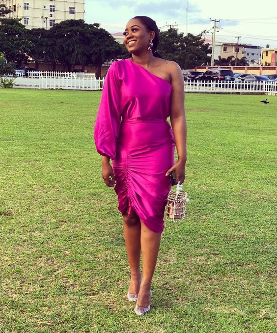 sexy midi dress one sleeve hot pink party dress S1215