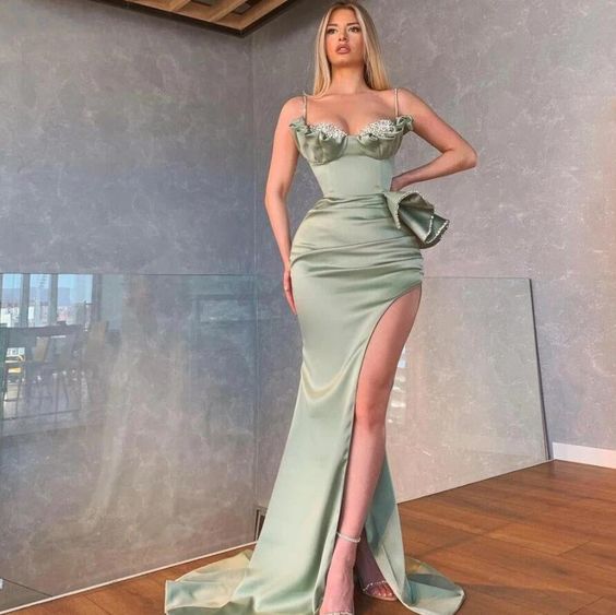 Elegant Dusty Sage Spaghetti Straps Mermaid Prom Dress With Slit S1889