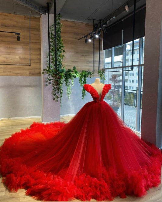 Red Tulle Prom Dress Ball Gown Evening Dress   S774