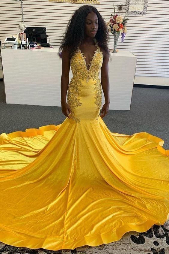 black girl slay this mermaid yellow formal dress with open back S1675