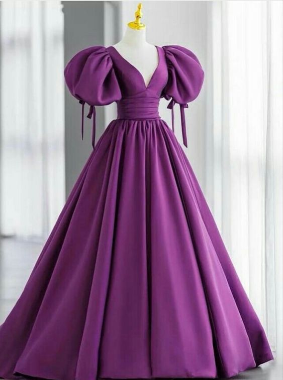 Simple Prom Dresses Deep V Neck Purple Evening Formal Gowns S1287