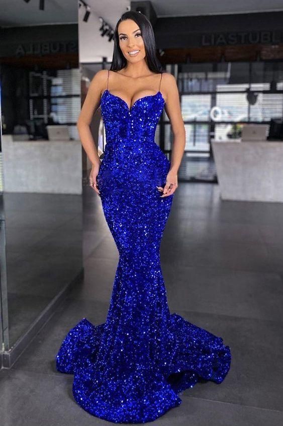 Sweetheart Mermaid Style Royal Blue Sequins Velvet Long Dresses, Formal Evening Gown Prom Dress S1698