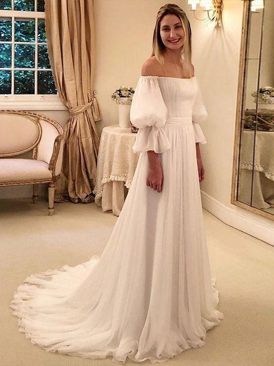 A-Line/Princess Chiffon Ruffles Off-the-Shoulder 3/4 Sleeves Sweep/Brush Train Wedding Dresses S1945