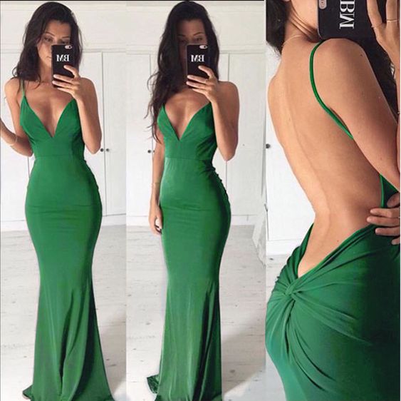 Spaghetti Strap Green Long Evening dresses S1573