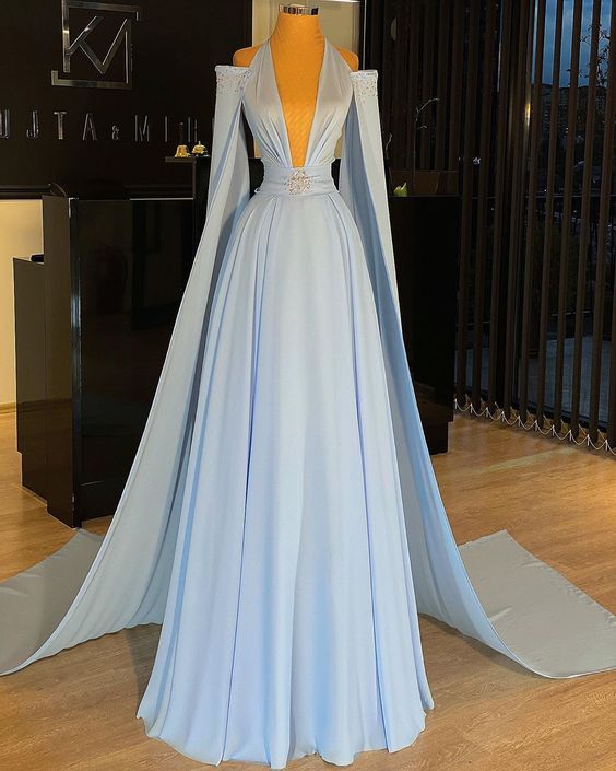 Blue prom dresses long chiffon beaded dubai fashion elegant cheap a line prom gown S2154