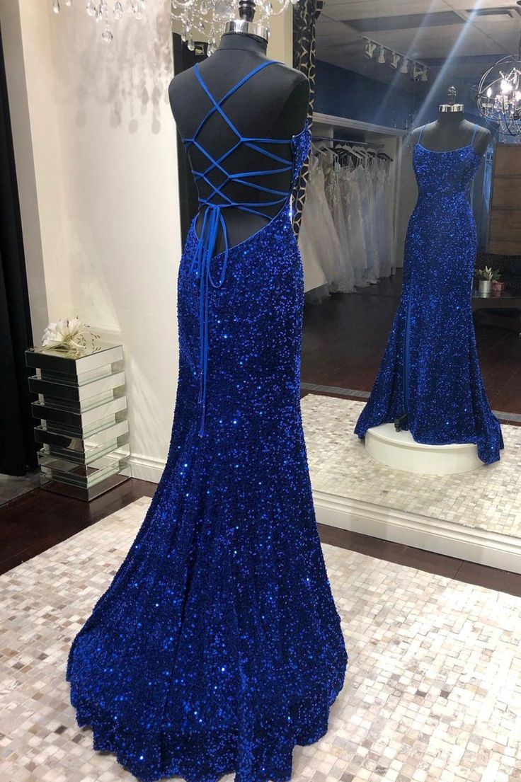 Mermaid Sequins Long Prom Dresses, Blue Backless Evening Dresses S1879