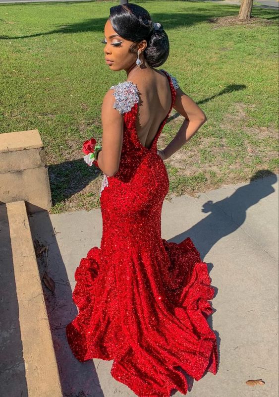 Mermaid Sleeveless Red Sequined Prom Dress S1577