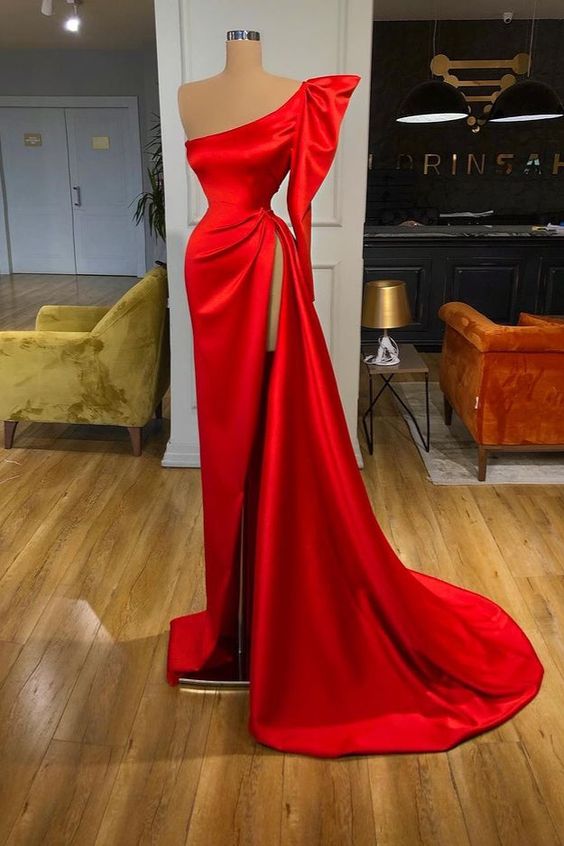 Bubble Sleeve One-shoulder Red High-split Long Evening Dress S2156