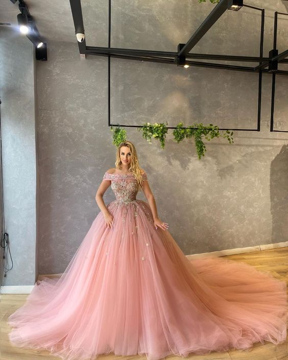 Pink Ball Gown Long Prom Dresses, Pink Evening Dresses S1880