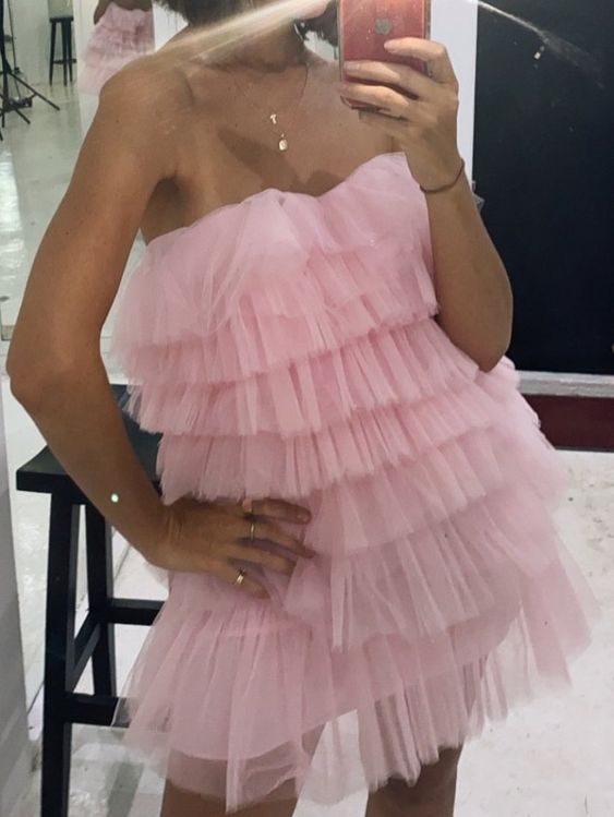 A Line Pink Tiered Homecoming Dress, Tulle Short Prom Party Dress S1475