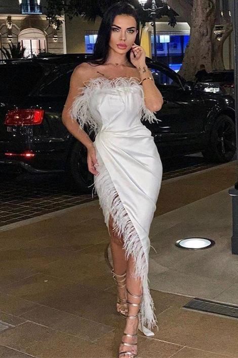 Sexy Strapless Feather Prom Dress With Front Split S1796