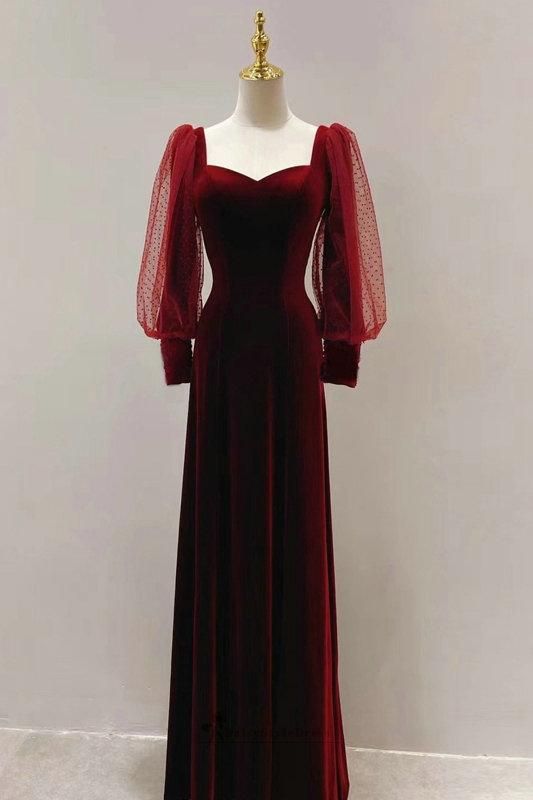 Modest Long Sleeve Deep Red Velvet Evening Dress S1877