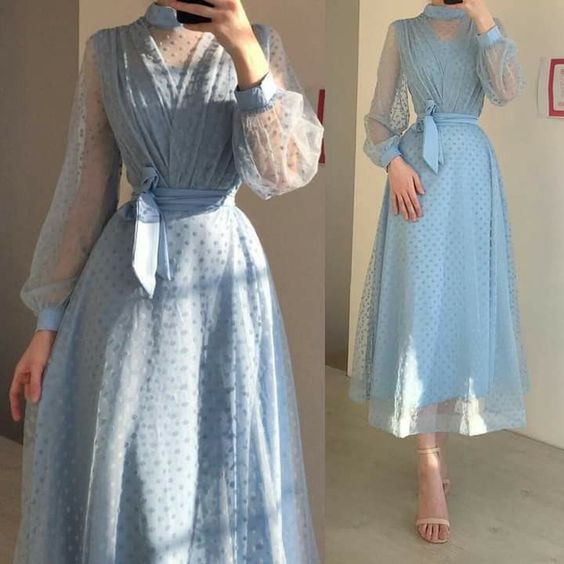 A-Line Blue Evening Dresses Long Tulle Prom Dress S1244