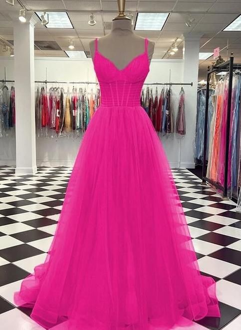 Princess A Line Hot Pink Tulle Ruffles V-neck Prom Dresses S1847