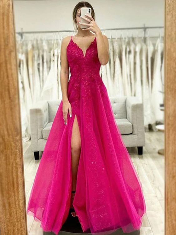 spaghetti straps v-neck sparkly side-slit a-line long lace top prom dress S1316