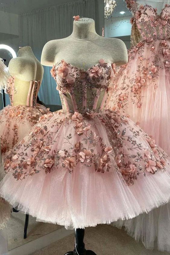 Princess Sparkly Sweetheart Homecoming Dresses with 3d Flowers, Pink Sweet 16 Dresses S1627