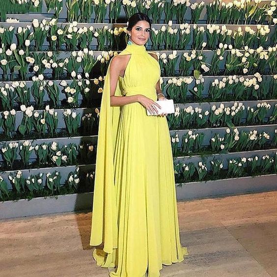 Formal Long Prom Dresses Women Elegant Sleeveless Chiffon High Neck Cape Yellow Evening Party Gowns S2160