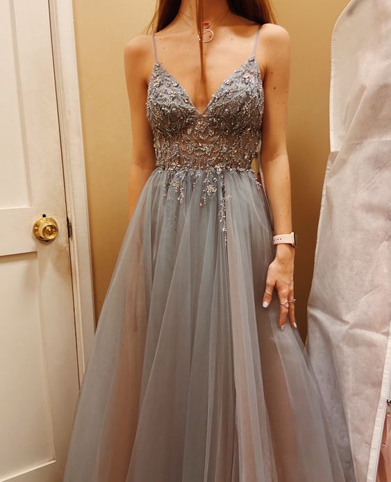Gray Prom Dresses, 2023 Prom Dresses, Beaded Long Sleeve Prom Dresses S1454
