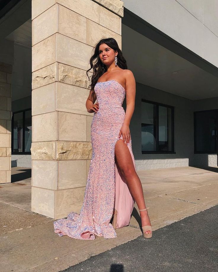 Gorgeous Mermaid Strapless Pink Sequins Long Prom Evening Dresses With Slit S1637