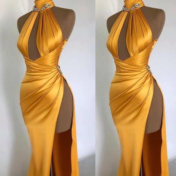 High Neck Yellow Evening Dresses Sexy Mermaid Beaded Elegant Formal Evening Gown S1099
