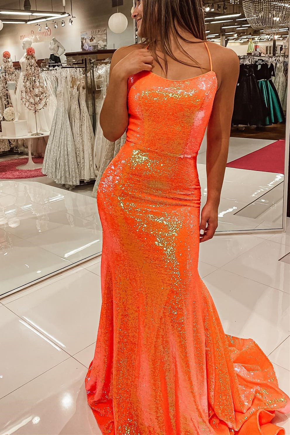 Spaghetti Straps Orange Mermaid Long Formal Dress S1649