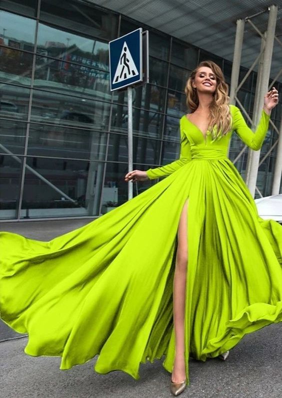 Sexy Holiday Prom Formal Evening Dress V Neck V Back Long Sleeve Floor Length Chiffon with Slit S1190