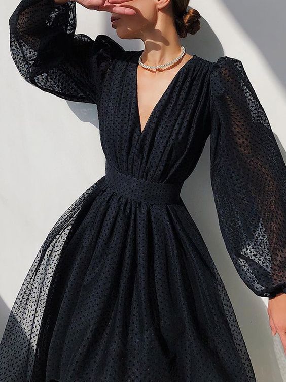Gauze Polka Dot Puff Sleeves Midi Dress S1245