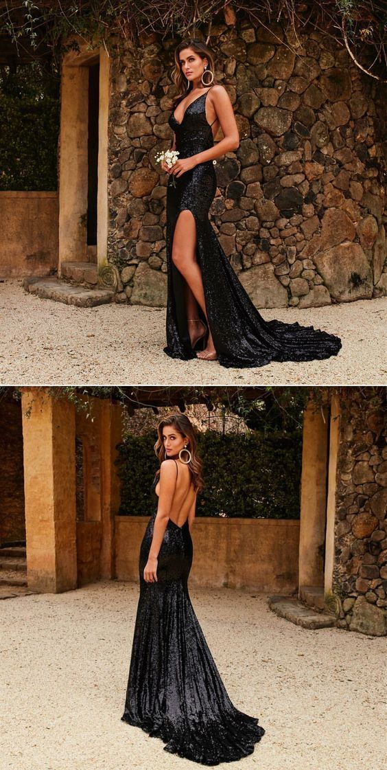 Long Prom Dresses with Slit, Black Prom Dresses Mermaid, Sparkly Halter Prom Dresses S1584