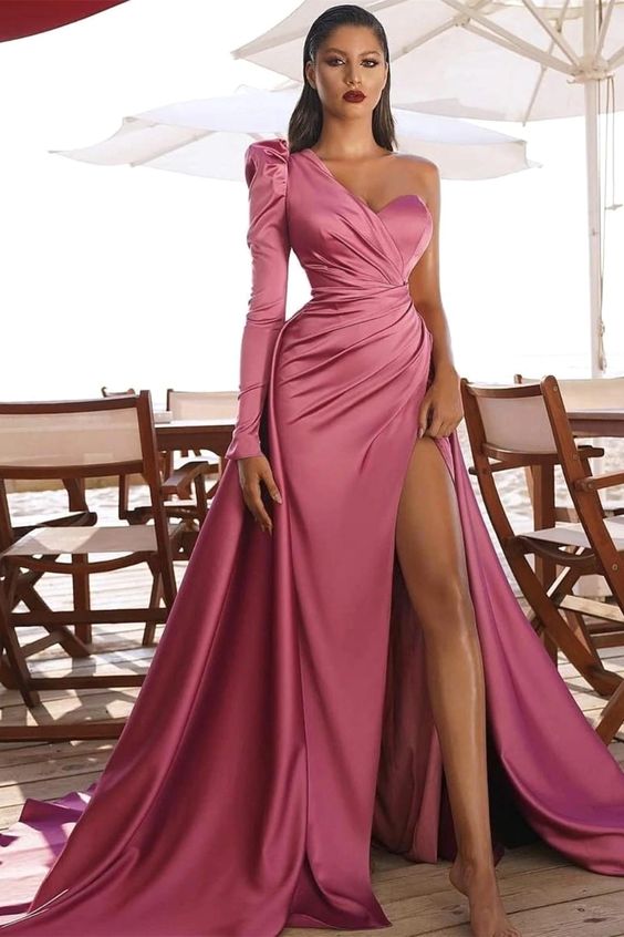 One Shoulder Satin Side Split Prom Gowns with Sweep Train S832