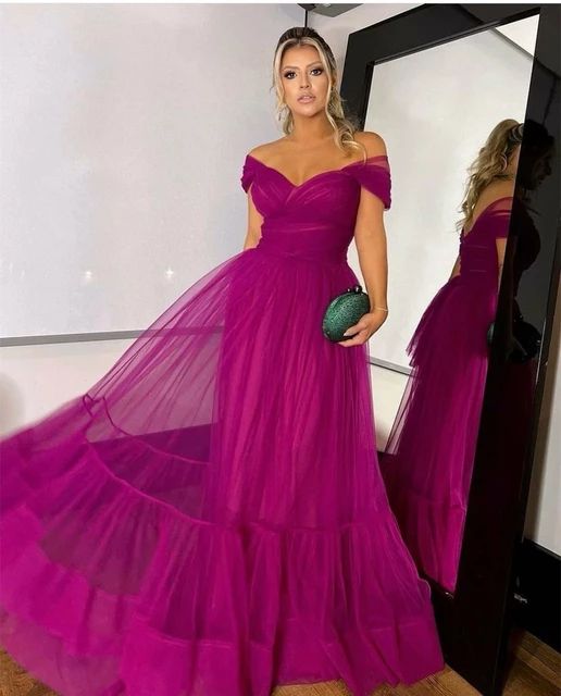 Fuchsia Evening Dresses with Pleats A Line Off Shoulder Lace Up Back Evening Dresses S1953