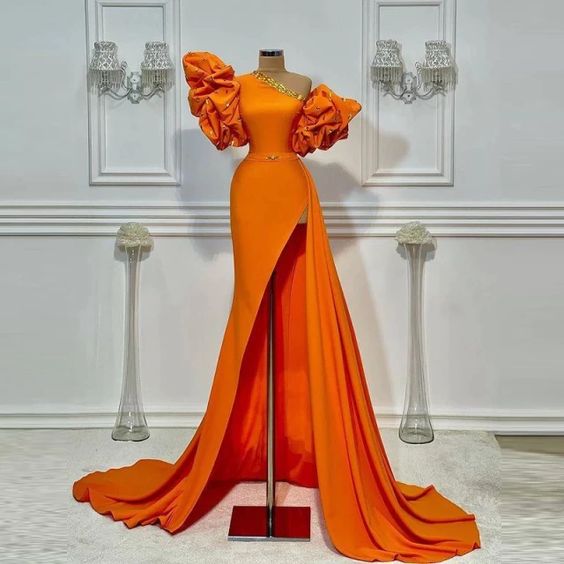Orange One Shoulder Prom Dresses Summer Puff Short Sleeves Sexy Side Slit Evening Dress S1518