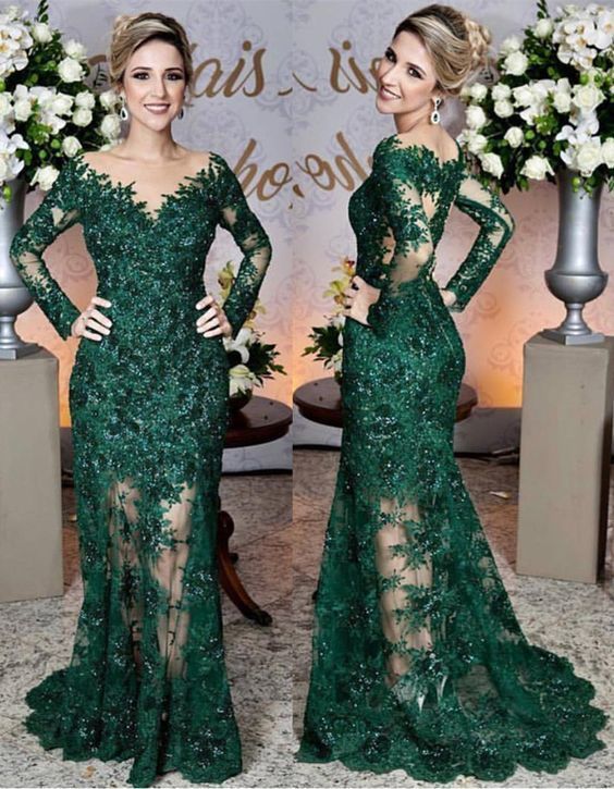 Long Sleeves Lace Mermaid Prom Dresses See Through Evening Gowns S2110